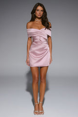 Fancy Night Out Off Shoulder Satin Mini Dress Rose
