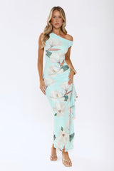 Ocean Bloom One Shoulder Mesh Maxi Dress Mint