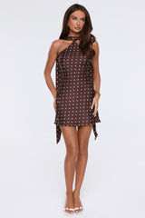 Style Watch Halter Satin Polka Dot Mini Dress Brown