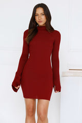 Isla Ribbed Long Sleeve Mini Dress Burgundy