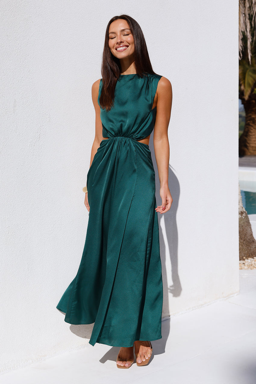 Rendezvous In Paris Satin Midi Dress Green