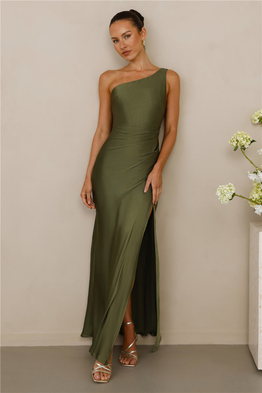 The Aurora One Shoulder Satin Maxi Dress Olive